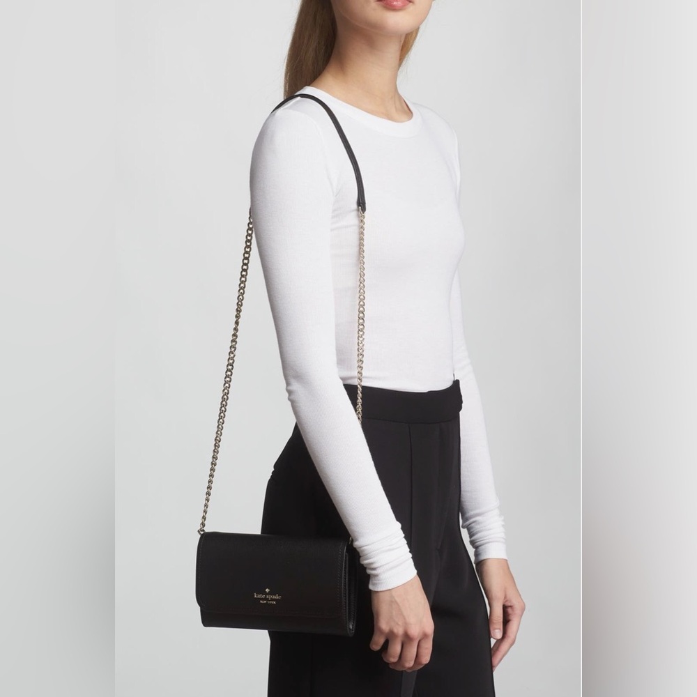 Kateโ Spade Black Leather Chain Wallet with Cream Interior crossbody